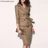Women Lapel Double-breasted Bow-knot Solid Color Suit Female Solid Color Double-breasted Blazer and High Wait Midi Skirts Set