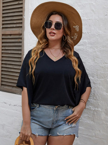 Women Large Plus Size 4XL Blouses 2023 Autumn Black Elegant Curvy T Shirts Half Sleeve V Neck Loose Vintage Casual  Solid Tops