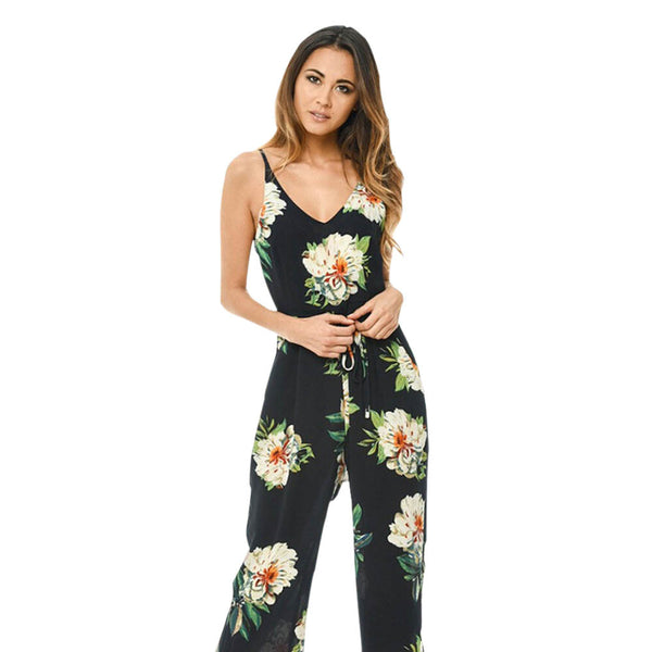 Women Leaves Jumpsuit Sleeveless Floral Printed Playsuit Party Trousers Y783