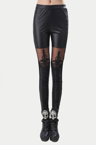 Women Leggings 2022 Fashion High Quality Punk Black Faux Leather Gothic Lace Stitching Legging Women slim capris leather pants