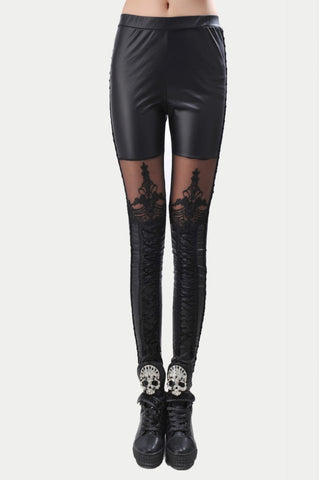 Women Leggings 2022 Fashion High Quality Punk Black Faux Leather Gothic Lace Stitching Legging Women slim capris leather pants