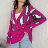 Women Leopard Print Cardigan Winter Casual Knitted Sweater V Neck Loose Button-up Knitwear Female Vintage Long Sleeve Cardigan