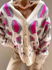 Women Leopard Print Cardigan Winter Casual Knitted Sweater V Neck Loose Button-up Knitwear Female Vintage Long Sleeve Cardigan