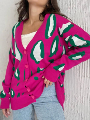 Women Leopard Print Cardigan Winter Casual Knitted Sweater V Neck Loose Button-up Knitwear Female Vintage Long Sleeve Cardigan