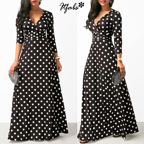 Women Long Maxi Dresses Bohemia V-neck Three Quarter Sleeve Dots Print Ethnic Summer Beach Female Stylish Style Dress