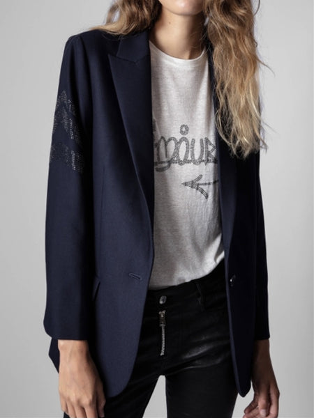 Women Long Sleeve Blazer Single Button Rhinestones Simple Slim Office Casual Suit Lady Coat Autumn Winter