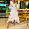 Women Long Sleeve Dress with Lace Decoration Sexy V-neck Hollow Out Summer Spring Clothing Sundress Party Elegant Female Ladies