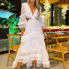 Women Long Sleeve Dress with Lace Decoration Sexy V-neck Hollow Out Summer Spring Clothing Sundress Party Elegant Female Ladies