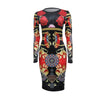 Women Long Sleeve Floral Bodycon Dresses Sexy Pencil Midi Dresses Elegant Slim Dress for Evening Party Club Wear