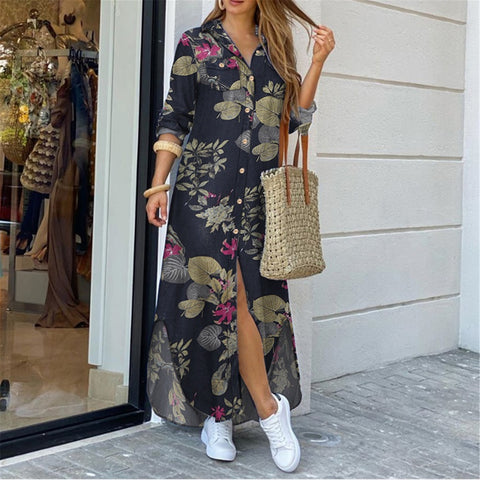 Women Long Sleeve Floral Print Shirt Dress Irregular Turn Down Neck Vintage Harajuku Maxi Dress Vestidos Largos #G4