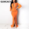 Women Long Sleeve Plunge Neck Maxi Dress Formal Elegant Slit Evening Mermaid Dresses
