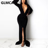 Women Long Sleeve Plunge Neck Maxi Dress Formal Elegant Slit Evening Mermaid Dresses