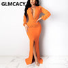 Women Long Sleeve Plunge Neck Maxi Dress Formal Elegant Slit Evening Mermaid Dresses