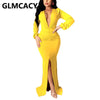 Women Long Sleeve Plunge Neck Maxi Dress Formal Elegant Slit Evening Mermaid Dresses