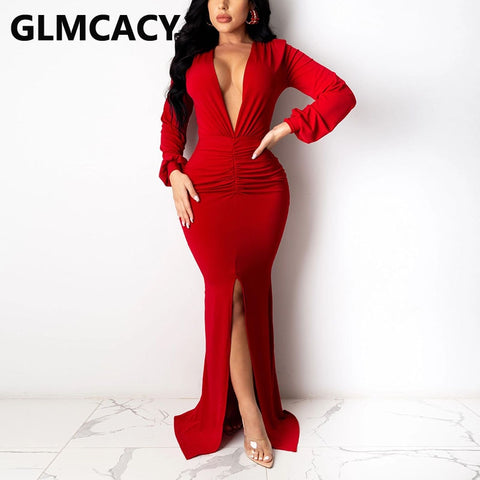 Women Long Sleeve Plunge Neck Maxi Dress Formal Elegant Slit Evening Mermaid Dresses
