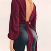 Women Long Sleeve Wrap Shirt Deep V Neck Backless Lace Up Blouse Crop Tops BacklessTank Crop Tops Vest Blouse T-Shirt