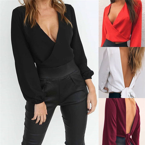 Women Long Sleeve Wrap Shirt Deep V Neck Backless Lace Up Blouse Crop Tops BacklessTank Crop Tops Vest Blouse T-Shirt