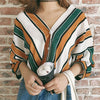 Women Loose Button Striped Shirts Casual Summer V neck Autumn Batwing Sleeves Blouse 3/4 Sleeved Beach Tops Clothing