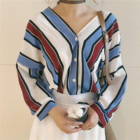 Women Loose Button Striped Shirts Casual Summer V neck Autumn Batwing Sleeves Blouse 3/4 Sleeved Beach Tops Clothing