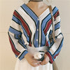 Women Loose Button Striped Shirts Casual Summer V neck Autumn Batwing Sleeves Blouse 3/4 Sleeved Beach Tops Clothing