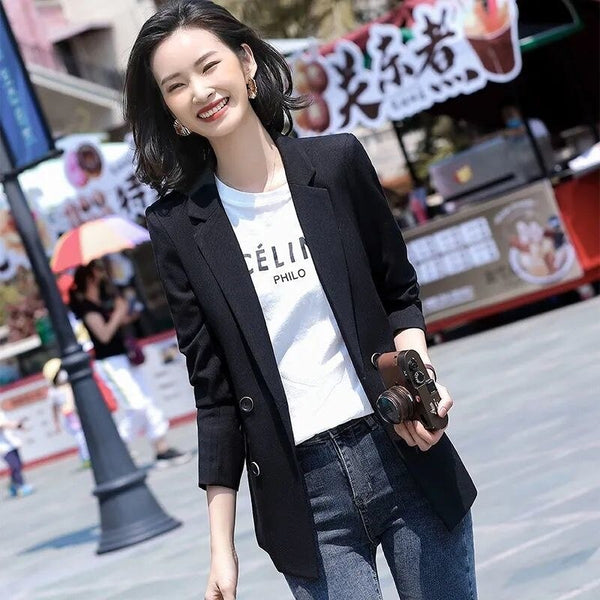 Women Loose College Solid Double-Breasted Sweet Korean Long Sleeve Simple Classic Outerwear Chic Slim Casual Tops