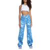 Women Loose Jeans shape of straight-leg pants Blue Ripple Printed Pattern High Waist Denim Trousers, XS/ S/ M/ L