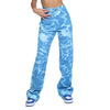 Women Loose Jeans shape of straight-leg pants Blue Ripple Printed Pattern High Waist Denim Trousers, XS/ S/ M/ L