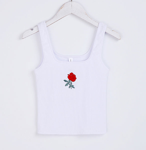 Women Lovely Embroidered Rose Crop Tank Tops