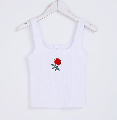 Women Lovely Embroidered Rose Crop Tank Tops