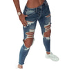 Women Low Waist Denim Jeans Ripped Hole Stretch Ankle-Length Jean Pencil Pants