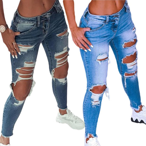 Women Low Waist Denim Jeans Ripped Hole Stretch Ankle-Length Jean Pencil Pants