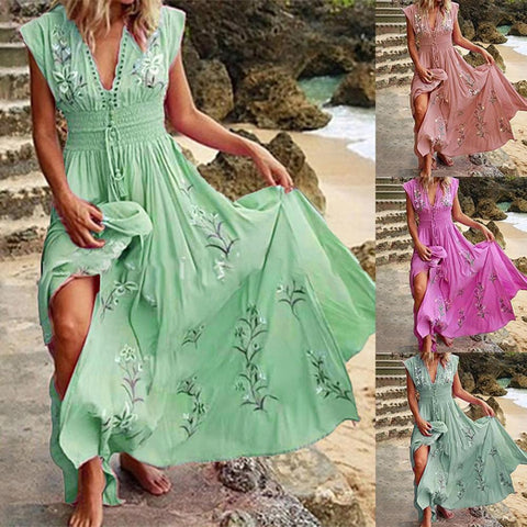 Women Maxi Dress Sleeveless V Neck Floral Print Large Hem Long Dress Boho Lady Sleeveless Party Beach Dresses Vestidos 2023 New