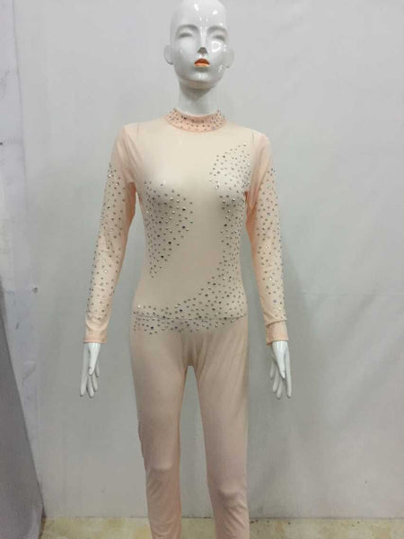 Women Mesh See Through Bodycon Jumpsuit Sexy Full Sleeve Crystal Sequin One Piece Playsuits Turtleneck Zipper Back Overalls