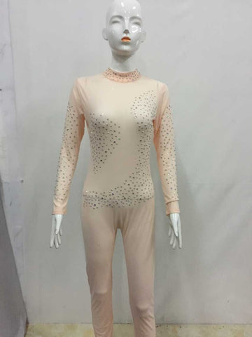 Women Mesh See Through Bodycon Jumpsuit Sexy Full Sleeve Crystal Sequin One Piece Playsuits Turtleneck Zipper Back Overalls