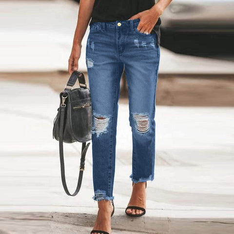 Women Mid Waist Jeans Ripped Boyfriend Distressed Stretch Skinny Denim Female Casual Solid Hole Straight Pant Джинсы Для Девушек