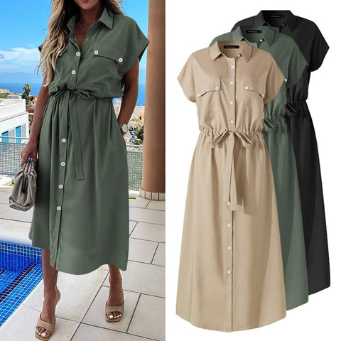 Women Midi Dress 2022 Celmia Summer High Waist Sundress Robe Elegant Lapel Dress Casual Loose Buttons Short Sleeve Work Vestidos