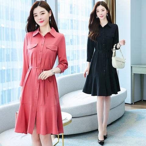 Women Midi Shirt Dress Autumn Spring Winter Runway 2022 Elegant Korean Long Sleeve Dress Ruffles Office Lady Casual Party Dress