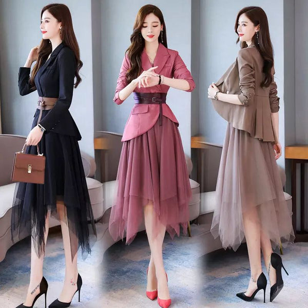 Women Net Skirt Suits Office Lady Suit Lady Uniform Formall Skirt And Suits Jacket 2 Piece Set Plus Size Women Blazer Skirt Set