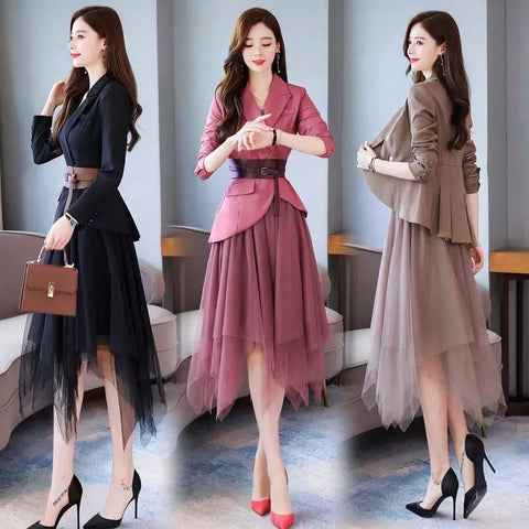 Women Net Skirt Suits Office Lady Suit Lady Uniform Formall Skirt And Suits Jacket 2 Piece Set Plus Size Women Blazer Skirt Set
