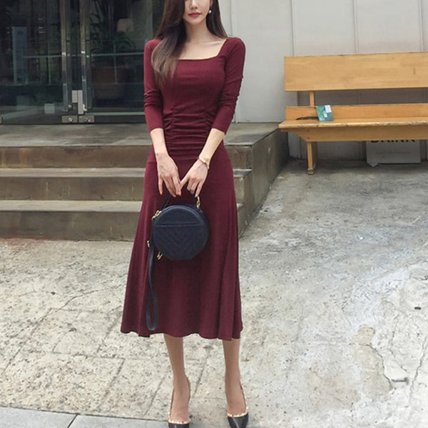 Women Elegant Red Square Collar Slim Long Midi Dress Bodycon Formal Party Office Lady Dress Autumn Spring 2022