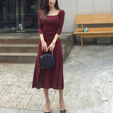 Women Elegant Red Square Collar Slim Long Midi Dress Bodycon Formal Party Office Lady Dress Autumn Spring 2022