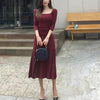 Women Elegant Red Square Collar Slim Long Midi Dress Bodycon Formal Party Office Lady Dress Autumn Spring 2022