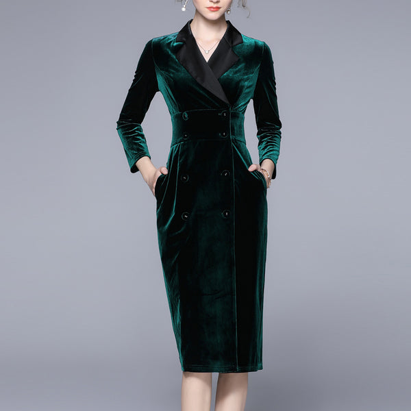 Women Notched Double Breasted Velvet Long Blazer Pencil Dress Slim Elegant OL Work Bodycon Dresses Office Business