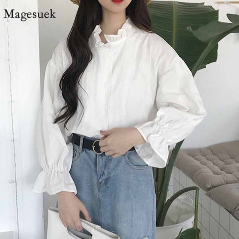 Women Stylish All-match Autumn White Solid Blouse Shirt Women Korean Style Long Sleeve Kawaii Casual Tops 11359