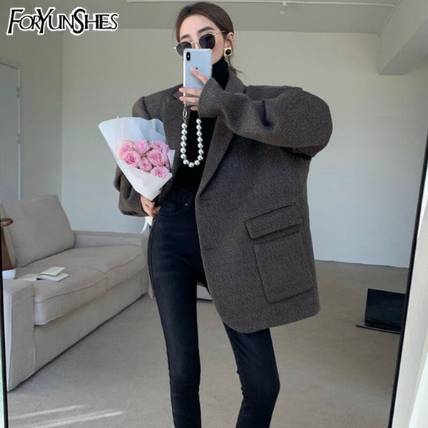 Women Notched Collar Woolen Blend Blazer Jackets Office Ladies Single Breasted Vintage Casual Warm Business Coat 2022 Winter