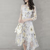 Women O Neck 3/4 Mesh Sleeve Floral Print Large Swing Double Layer Midi Dress Plus Size Summer Women's Dress 2022 Robe