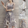 Women O Neck 3/4 Mesh Sleeve Floral Print Large Swing Double Layer Midi Dress Plus Size Summer Women's Dress 2022 Robe
