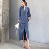 Women OL Elegant Skirt Suit Solid Blue Satin Slim Jacket & Midi Split Skirt Two Pieces Sets Female Work Outfits Workwear Set