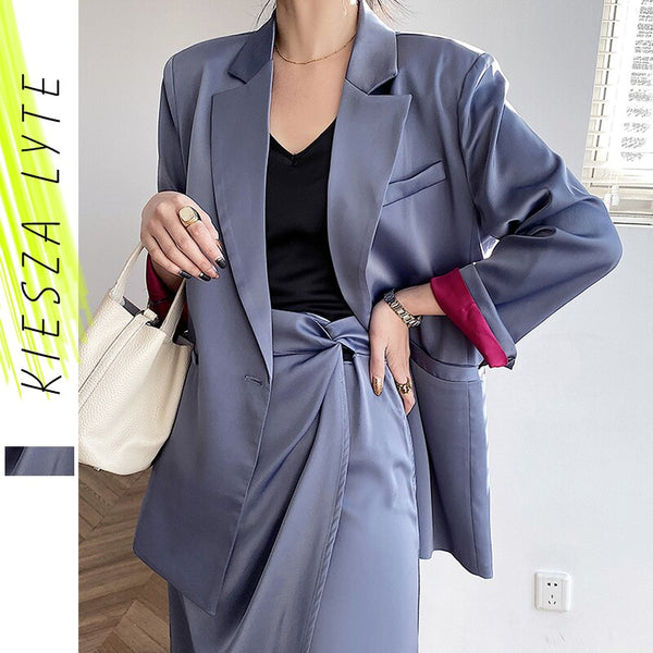 Women OL Elegant Skirt Suit Solid Blue Satin Slim Jacket & Midi Split Skirt Two Pieces Sets Female Work Outfits Workwear Set