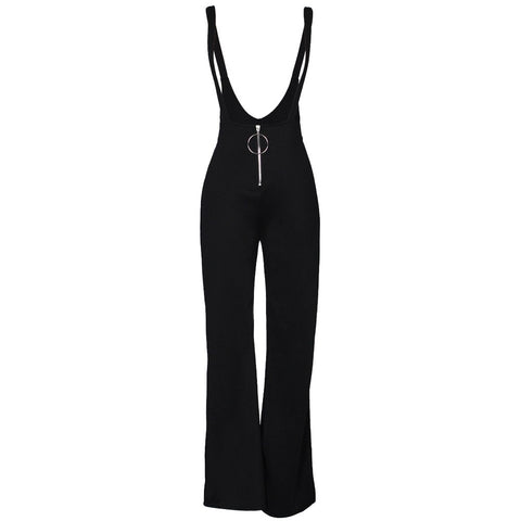 Women OL Overalls Bell-bottomed High Waist O-ring Zipper Front Flared Casual Jumpsuits Ladies Work Wear Braces Pants Trousers